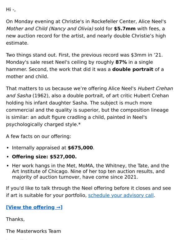 Neel’s record hit $5.7mm. We have one at $527k. - Auction Update