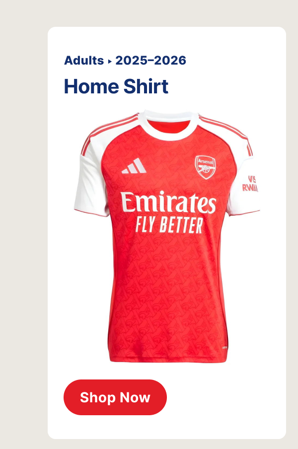 Arsenal home shirt – adults A modern take on a timeless red and white classic.
