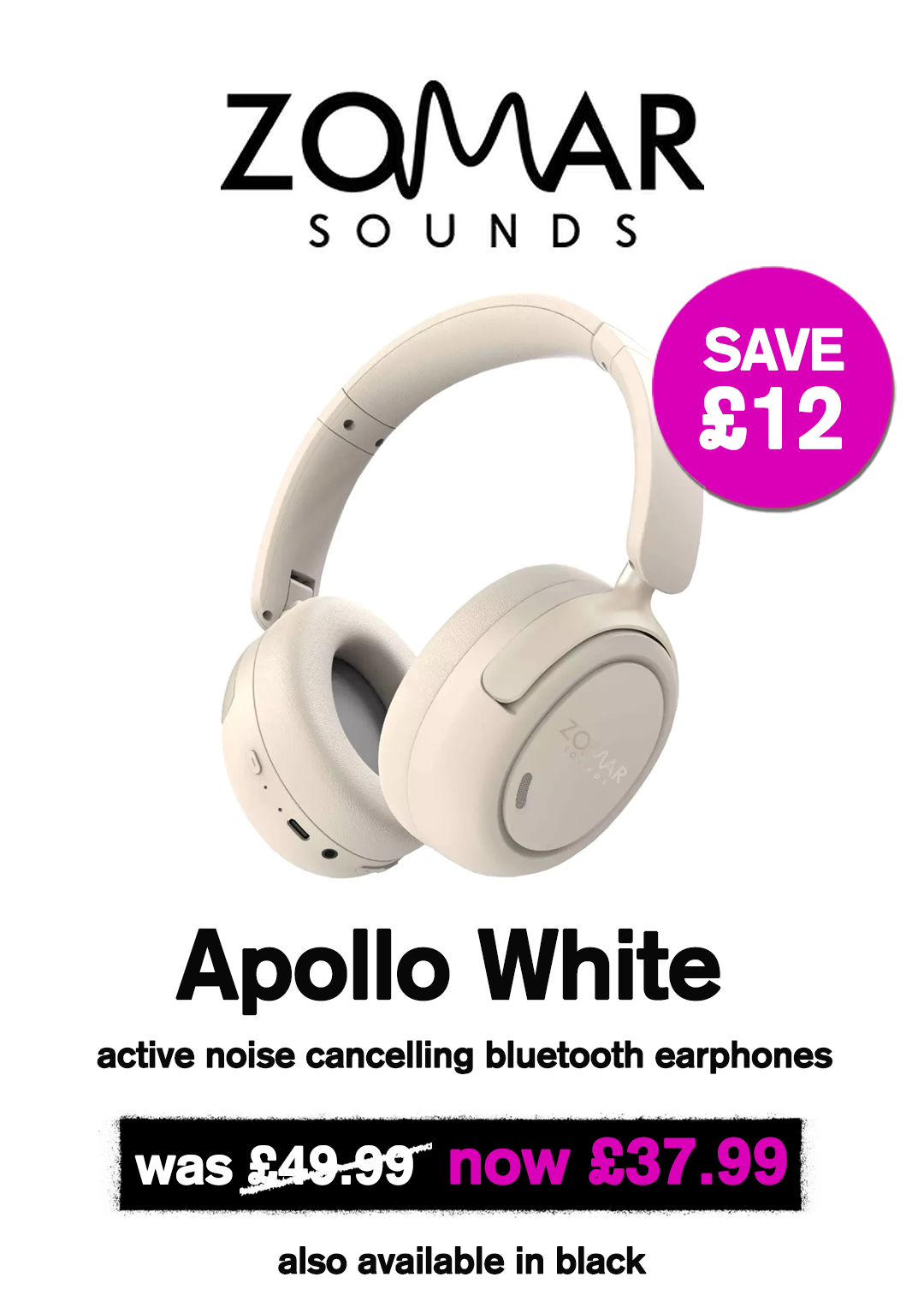 Apollo white Active Noise Cancelling Bluetooth headphones