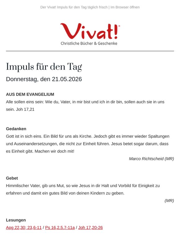 Impuls für Donnerstag, den 21.05.2026 - von Vivat!