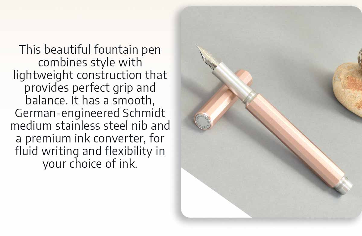 This beautiful fountain pen combines style with lightweight construction that provides perfect grip and balance. It has a smooth, German-engineered Schmidt medium stainless steel nib and a premium ink converter, for fluid writing and flexibility in your choice of ink.
