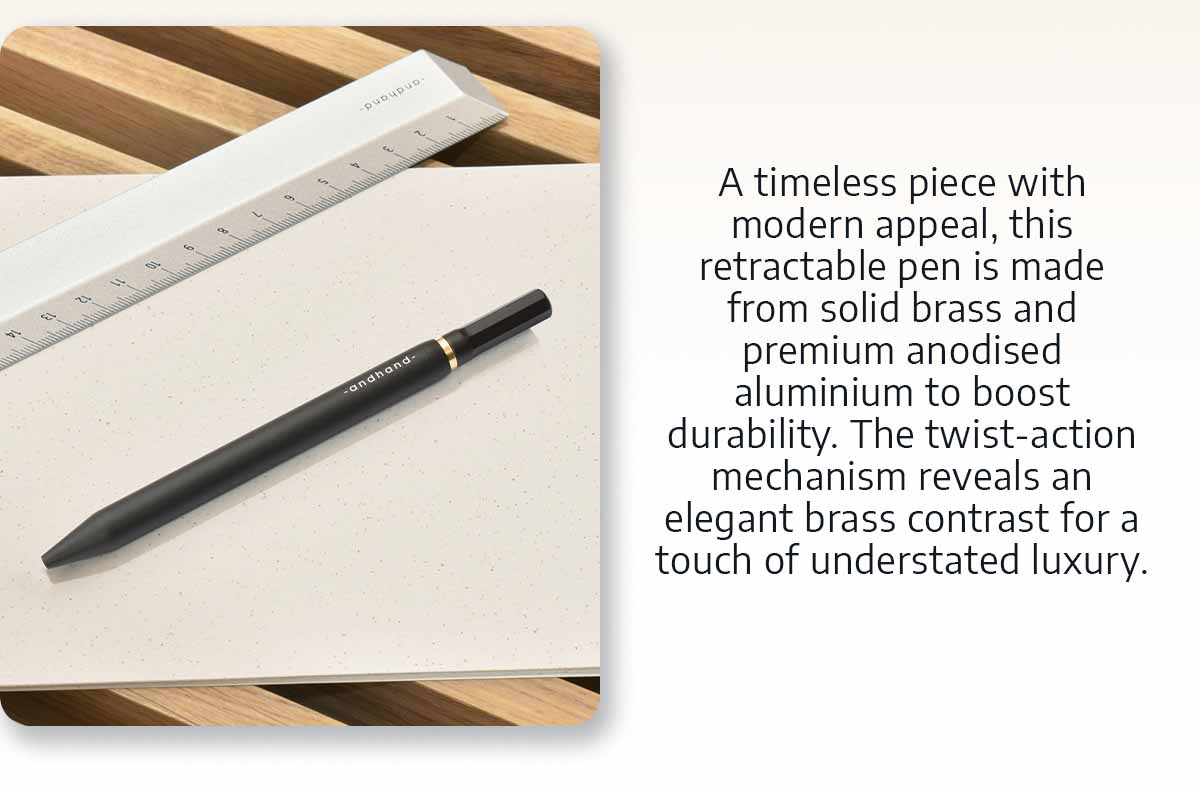 A timeless piece with modern appeal, this retractable pen is made from solid brass and premium anodised aluminum to boost durability. The twist-action mechanism reveals an elegant brass contrast for a touch of understated luxury.