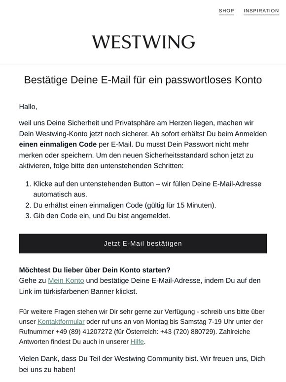 Westwing jetzt noch sicherer – bitte bestätige Deine E-Mail