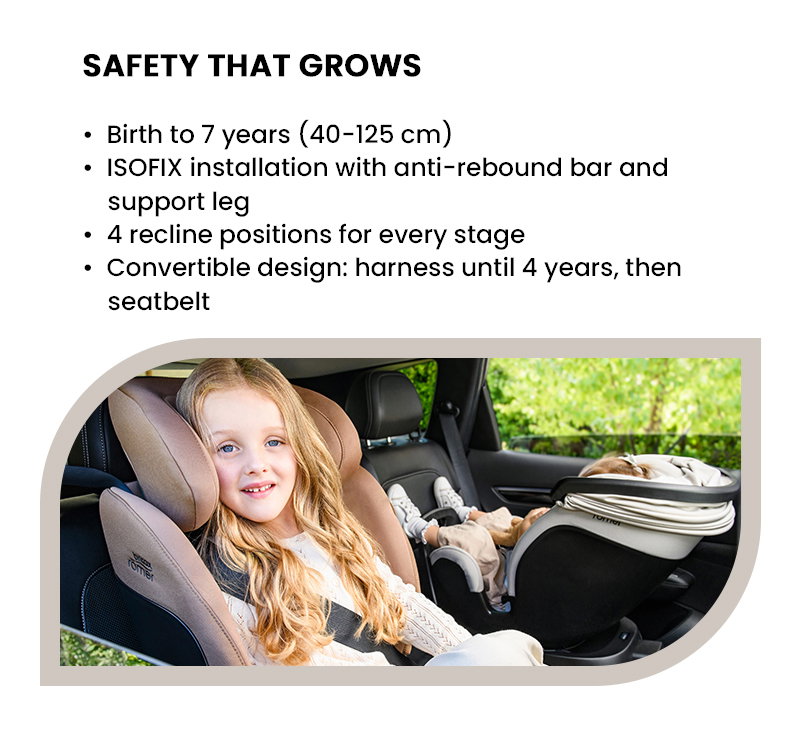  SAFETY THAT GROWS Birth to 7 years (40-125 cm) ISOFIX installation with anti-rebound bar and support leg 4 recline positions for every stage Convertible design: harness until 4 years, then seatbelt