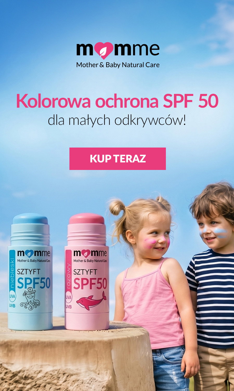 Two children with sunscreen on their faces beside pink and blue Momme SPF50 sticks on a sunny beach backdrop