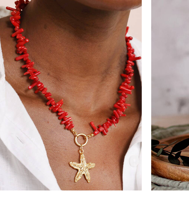Red Coral Chunky Starfish Pendant Necklace In Gold Plating