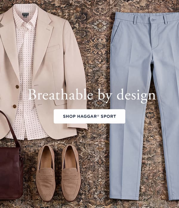 A flatlay of different Haggar products with the text, "Breathable by design" overlaid