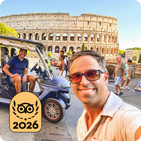 Image Description: Two people smiling in front of the colosseum. One person is in a golf cart. A gold 2026 Travelers’ Choice Best of the Best badge is on the image.