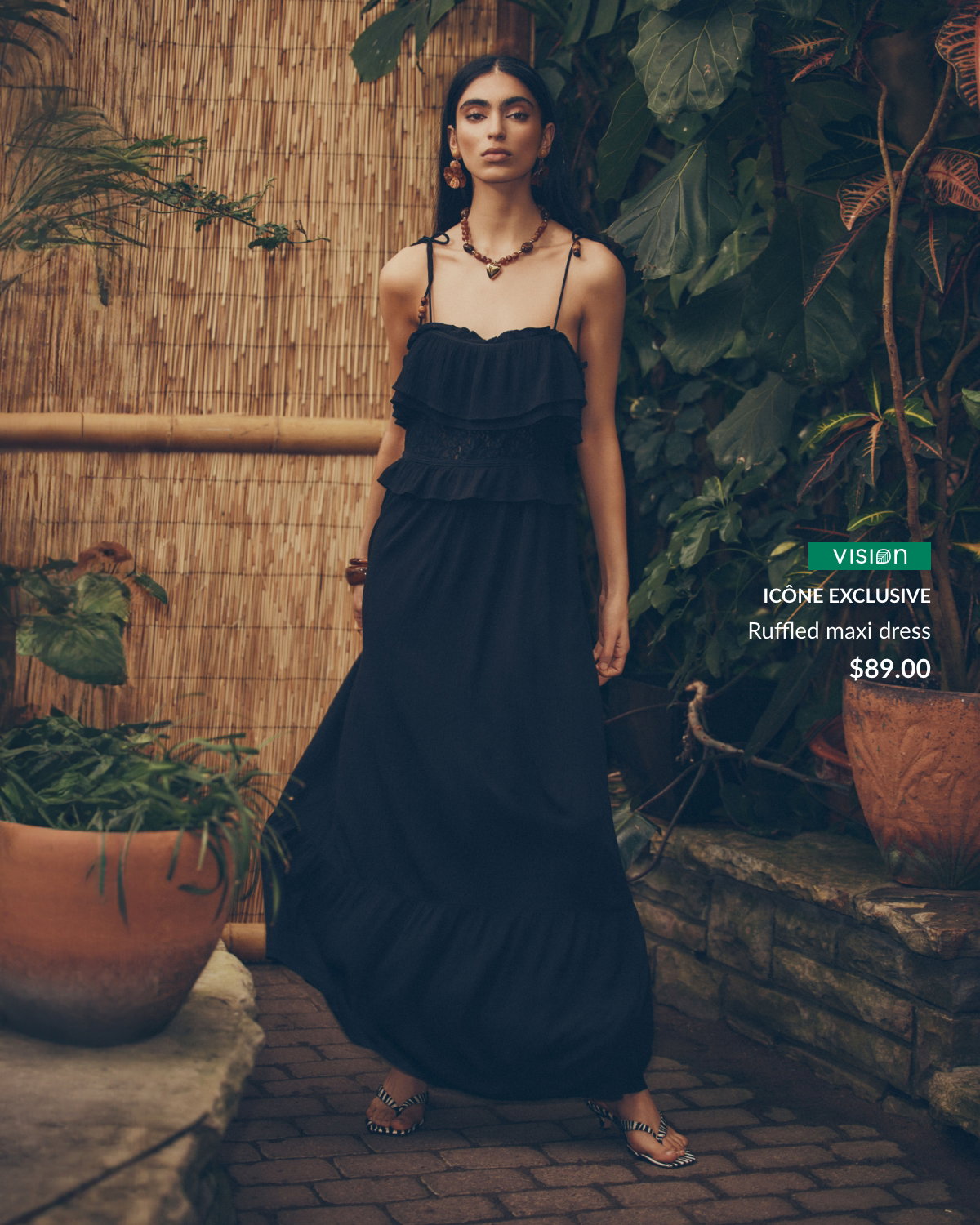 Icône exclusive Crinkled-texture tie-strap ruffled maxi dress at 89$