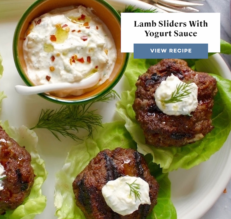 Lettuce-wrapped Lamb Sliders with Greek Feta + Yogurt Sauce