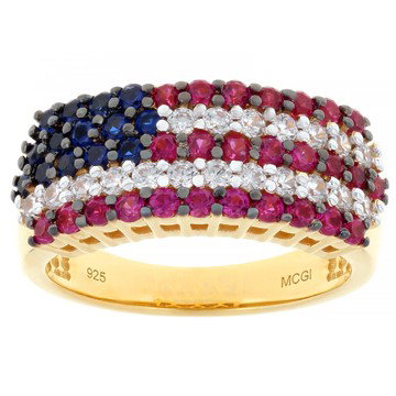 Blue, Red, And White Cubic Zirconia 18k Yellow Gold Over Sterling Silver American Flag Ring 1.73ctw