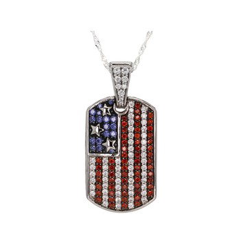 Garnet, White, And Blue Cubic Zirconia Rhodium Over Brass Flag Enhancer Pendant 3.40ctw