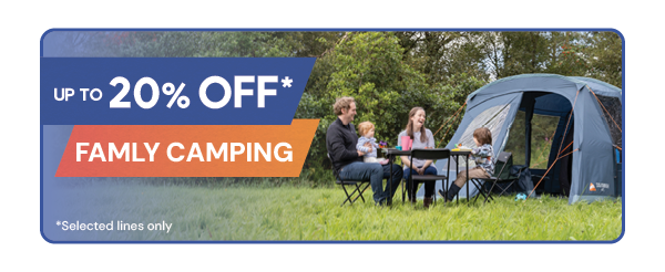 UP TO 20% OFF FAMILY CAMPING* *Selected Lines Only. A family sit around a table in a field, outside a Vango Savannah 400 4-Person Poled Tent.