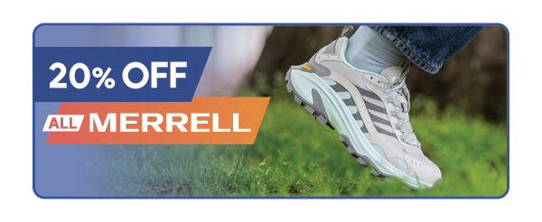 20% OFF ALL MERRELL. A woman wearing Merrell Woomen's Moab Speed 2 GORE-TEX Hiking Shoes in Blue/Grey.