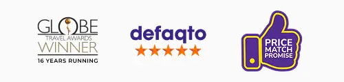 Globe travel awards winner 16 years running - Defaqto 5 stars - Price Match Promise