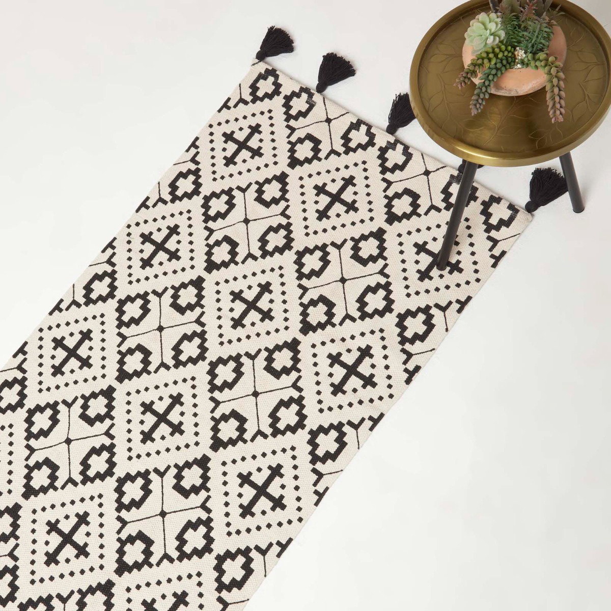 Image of Reva Black & White Cotton Geometric Hallway Runner Rug 66 x 200 cm