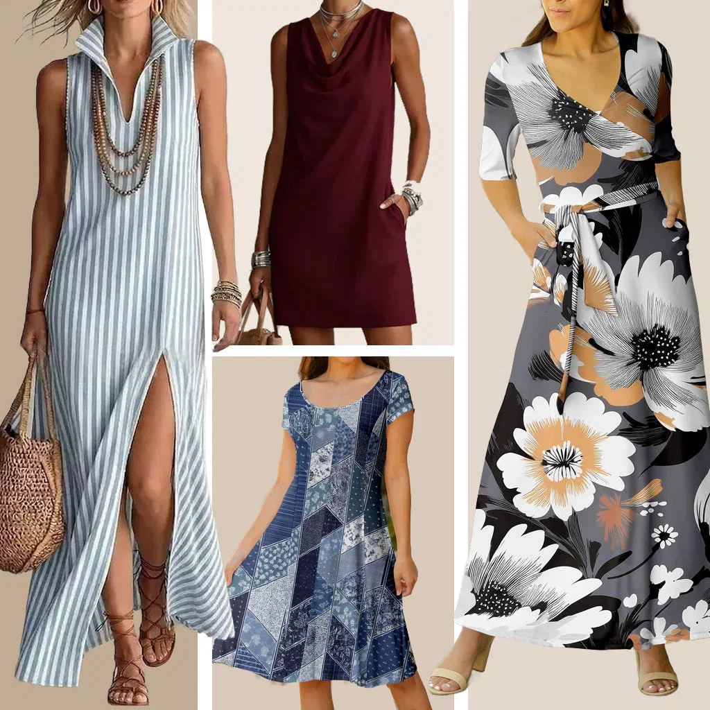 Five women modeling diverse casual dresses in striped, solid, patchwork, and floral patterns for the Discover New Dresses collection.