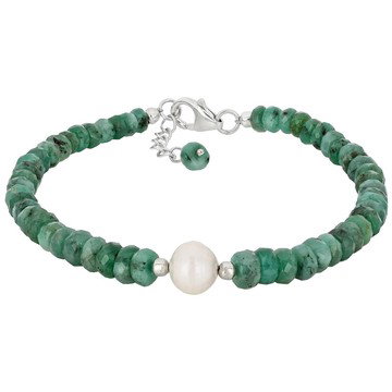 Green Emerald Rhodium Over Sterling Silver Beaded Bracelet