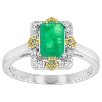 Zambian Emerald with Prazana® Lab Grown Diamonds & Zircon Rhodium & 18k Gold Over Silver Ring