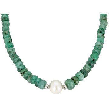 Emerald With Cultured Freshwater Pearl Rhodium Over Sterling Silver Beaded Necklace 76.74Ctw