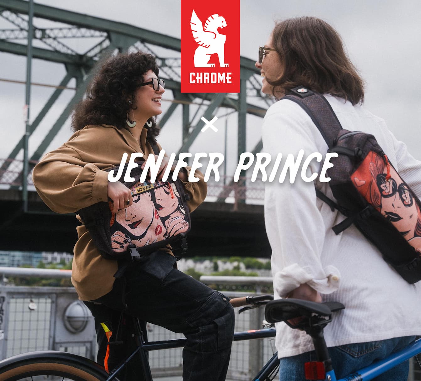 Two woman wearing the new J Prince Kadet Slings on a bike