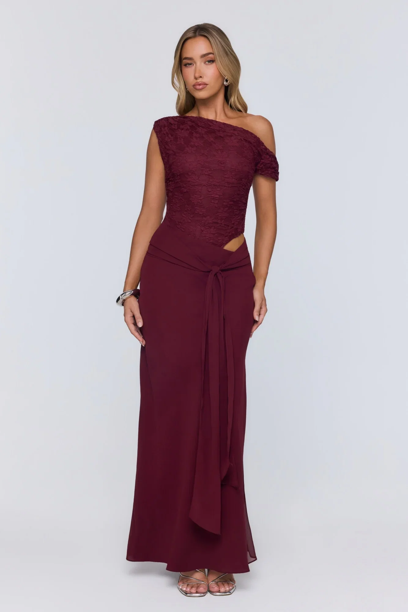 Image of Modern Heritage Off Shoulder Maxi Dress Burgundy