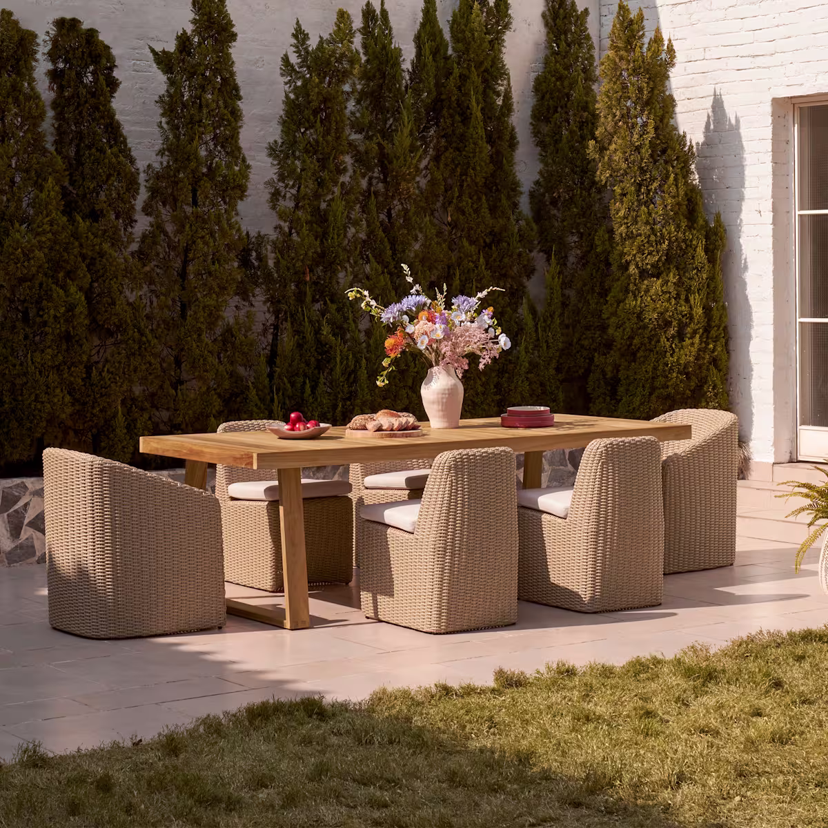 Image of Rio Outdoor Teak Dining Table, 94.5" and 6 Lorna Dining Chairs (Treated Version) , (Ciel) Oat