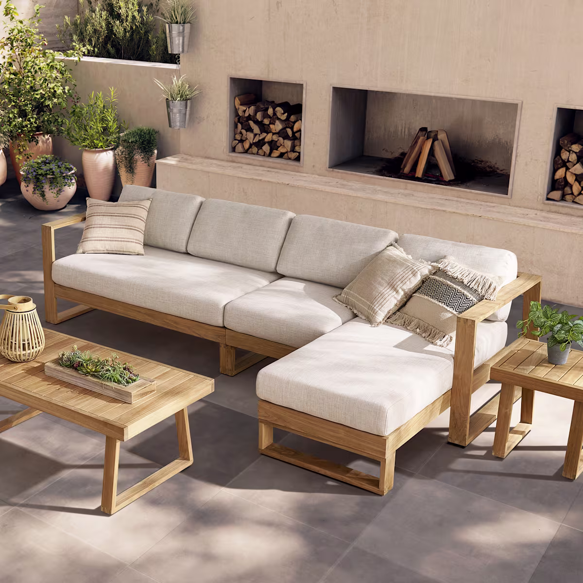 Image of Rio Outdoor Teak Extended Chaise Sectional Couch (Treated Version) Right Facing, Natural Beige