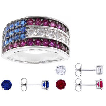 Lab Ruby, Blue Lab Spinel, White Cubic Zirconia Rhodium Over Brass Ring and Stud Set 11.06ctw