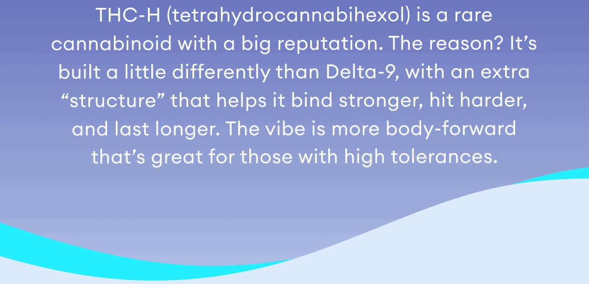 THC-H (tetrahydrocannabihexol) is a rare cannabinoid with a big reputation. The reason? It’s built a little differently than Delta-9, with an extra “structure” that helps it bind stronger, hit harder, and last longer. The vibe is more body-forward that’s great for those with high tolerances.
