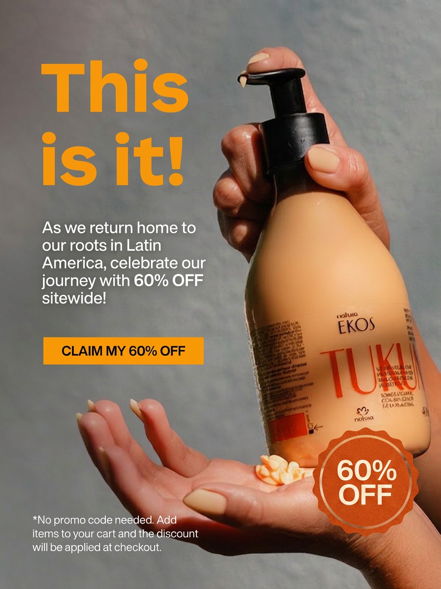 Image advertises a 60% off sitewide sale on Natura Ekos Tuku products.