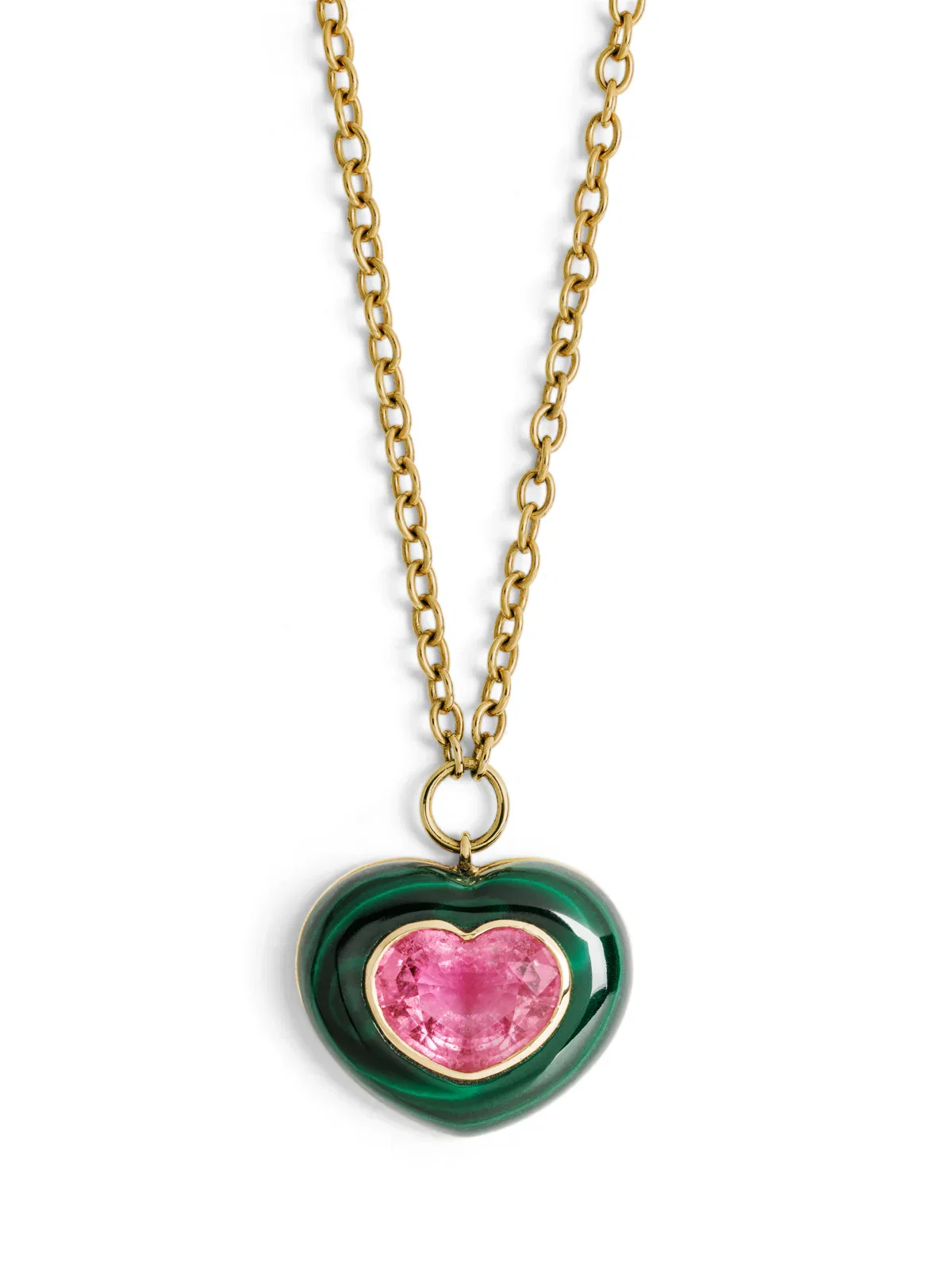 Image of Malachite & Pink Tourmaline Lollipop Yellow Gold Pendant Necklace