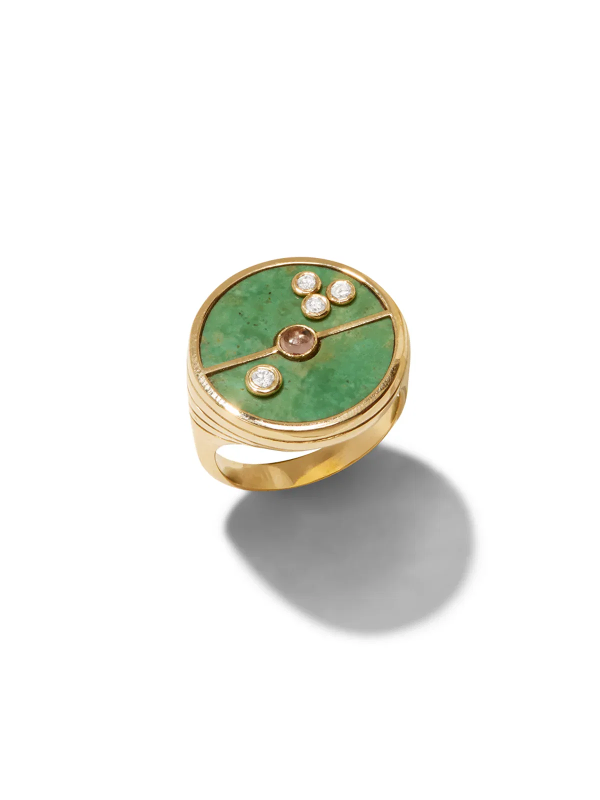 Image of Green Turquoise and Lotus Garnet Compass Yellow Gold Ring