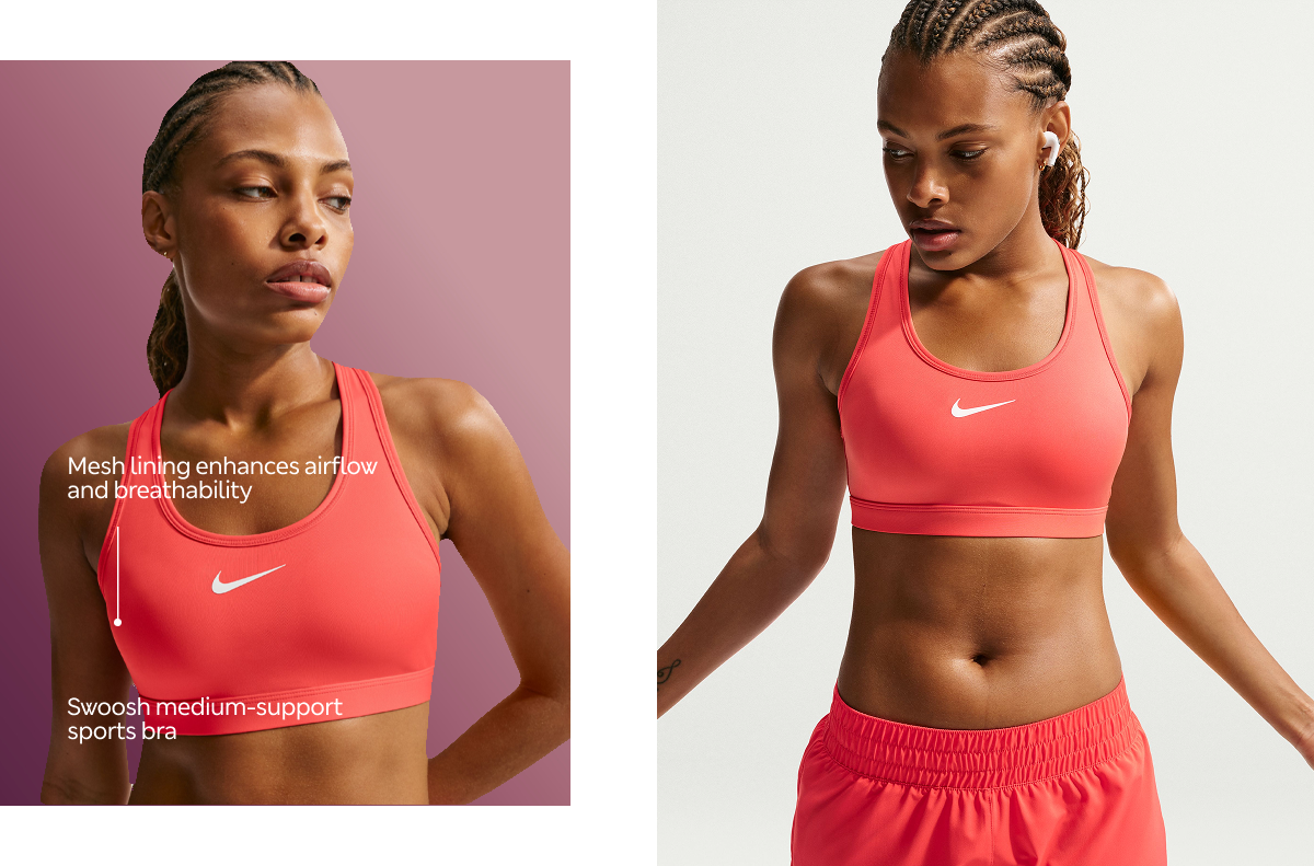 Woman wearing Nike Swoosh™ Medium Support Sports Bra in Light Crimson and White