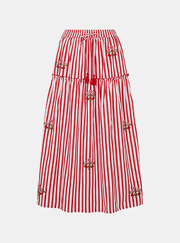 Cherry Embroidered Stripe Midi Skirt Red