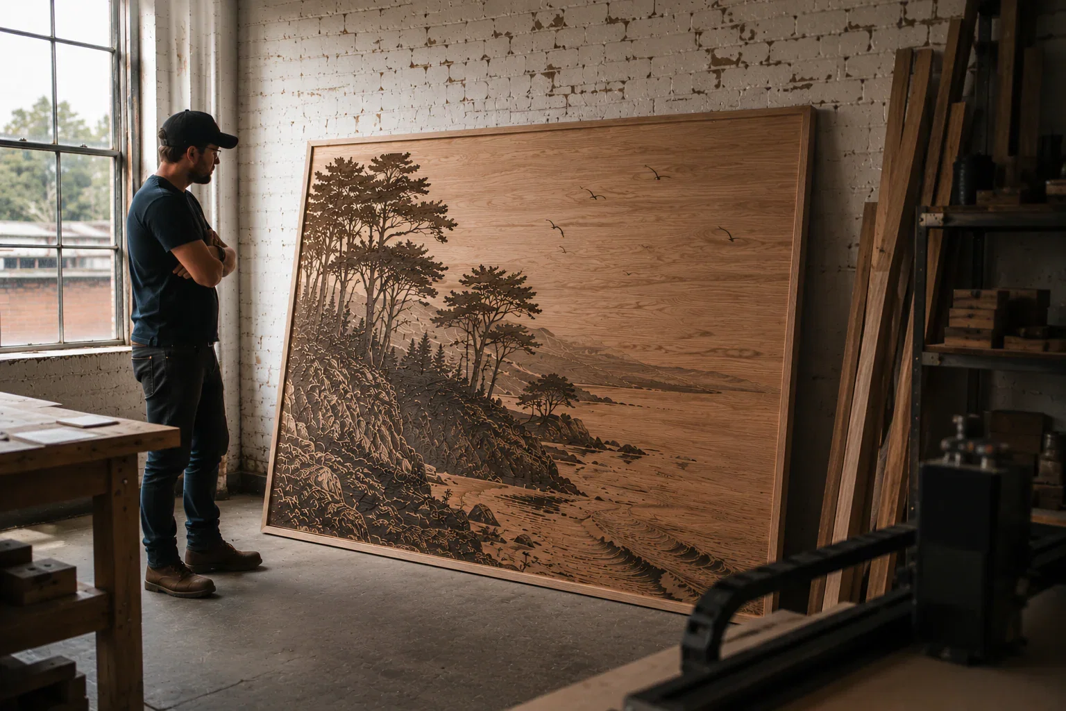Large wood wall art showing X1S project scale beside a person