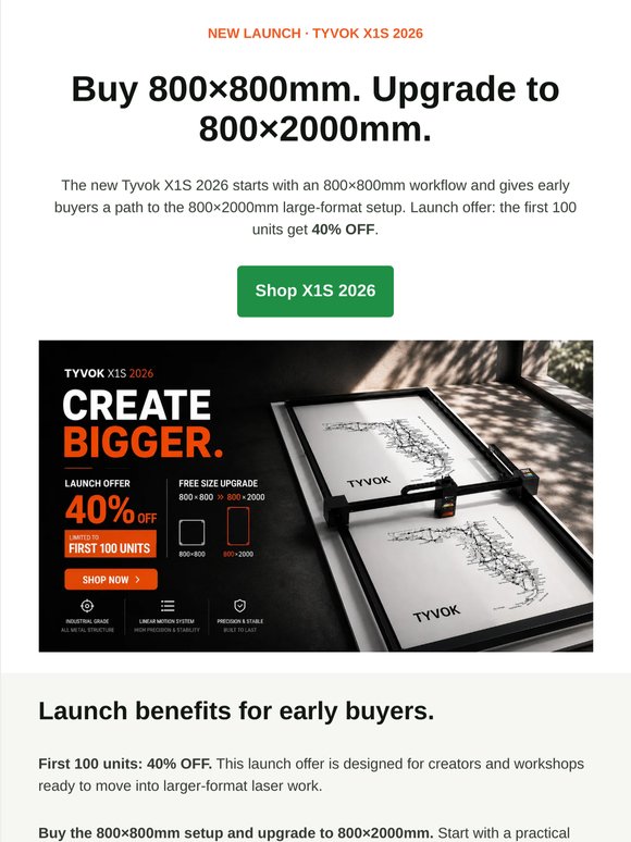 Buy X1S 800×800mm, Upgrade to 800×2000mm