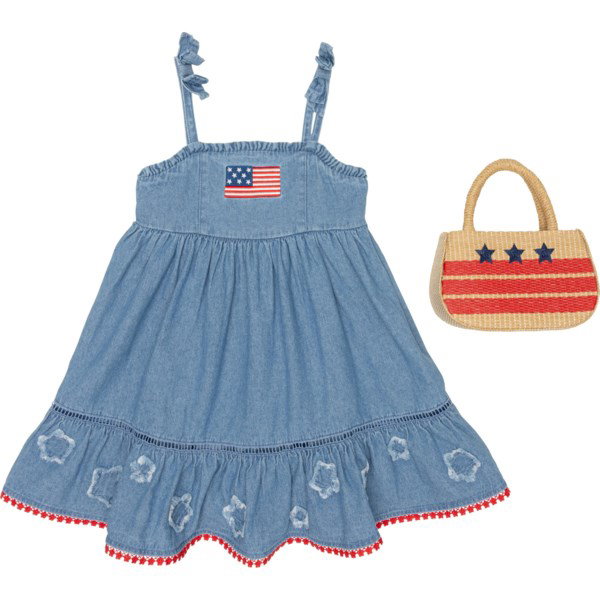 Tommy Bahama Toddler Girls Strappy Americana Dress with Flag Purse | Tomato Puree | Size 2T | Straw