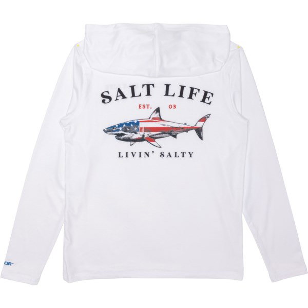 SALT LIFE Big Boys Jaws of Steel 2 Hooded T-Shirt | White | Size Large | Stretchy Fabric