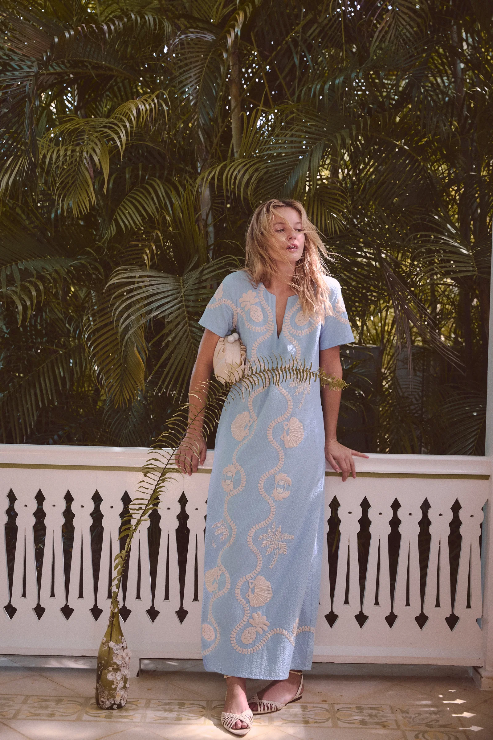Image of Blue Seersucker Embroidered James Dress