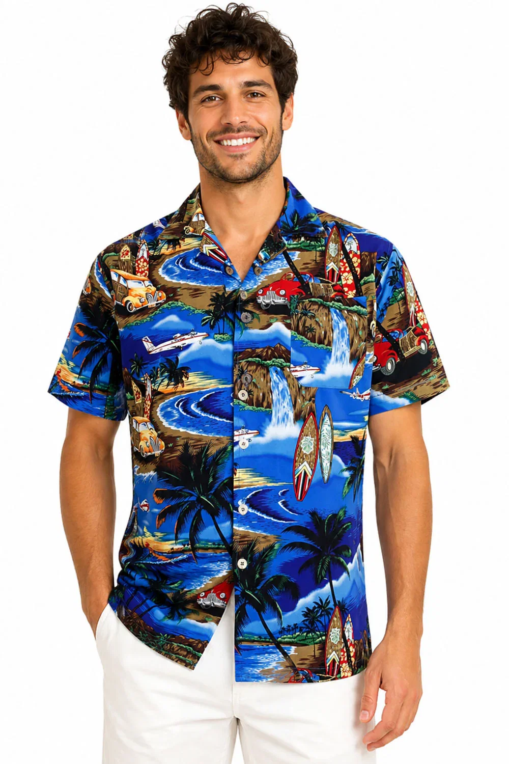 Image of Men’s Blue Hawaiian Shirt – Tropical Beach Print Summer Holiday Short Sleeve