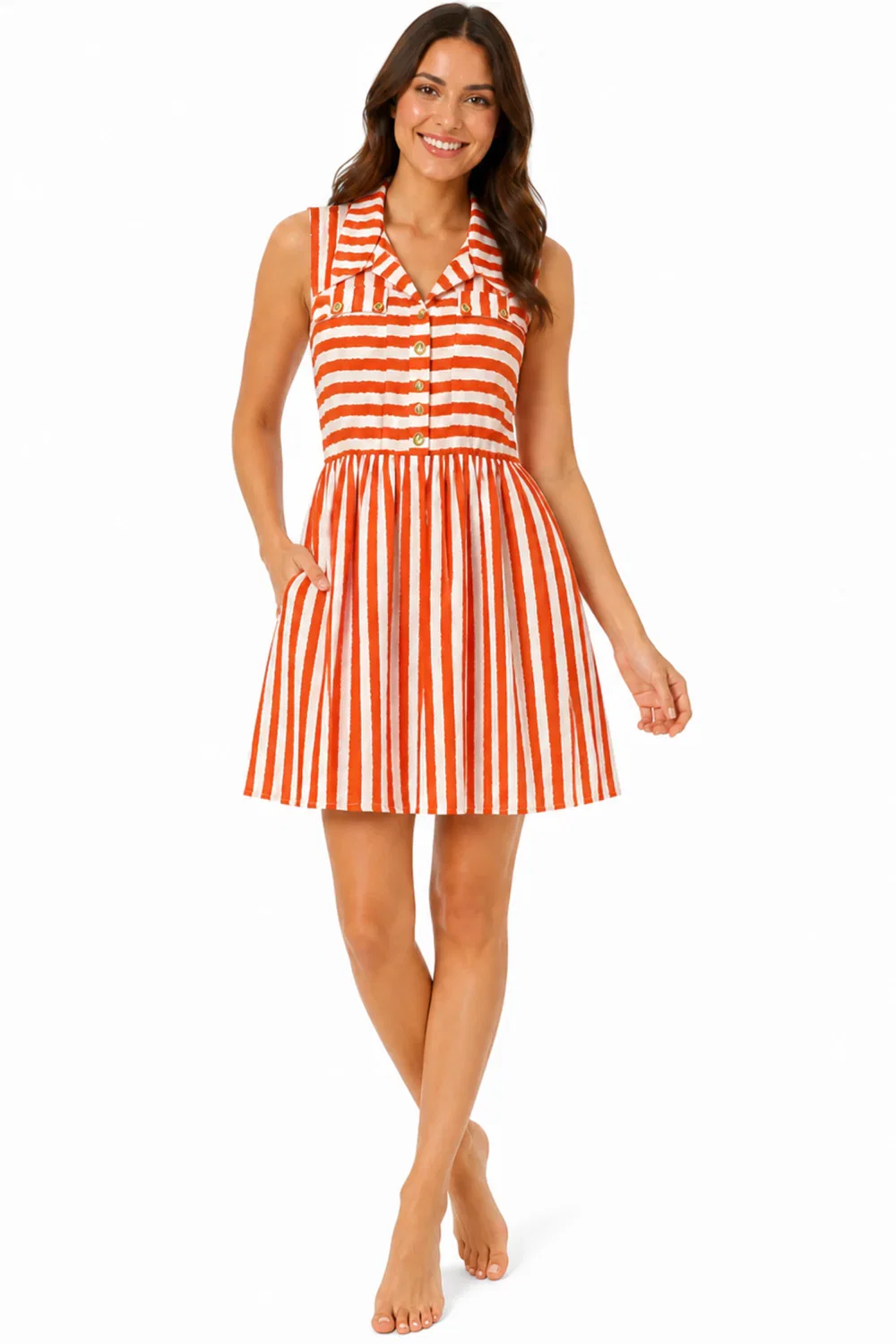 Image of Women's Orange & White Striped Sleeveless Shirt Dress