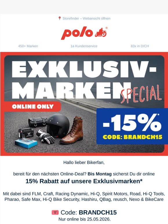 ⚡15% Exklusivmarken Special + Biker's Day am 30. Mai