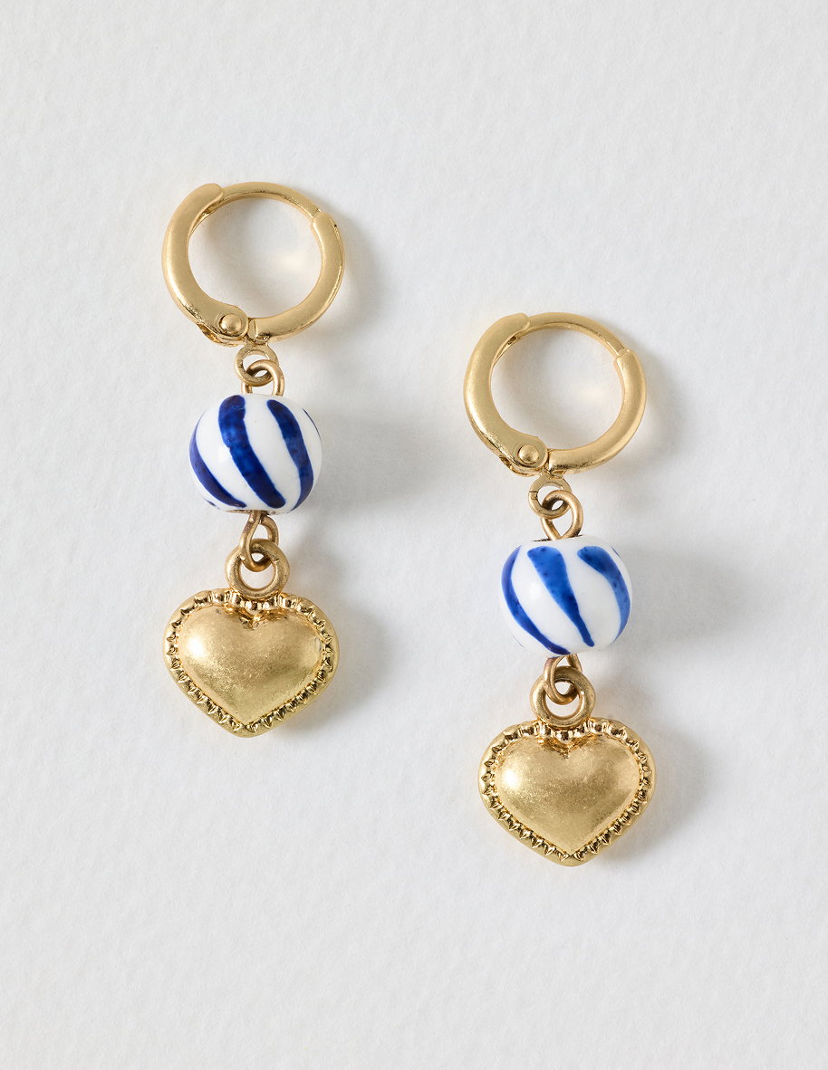 Flossie Blue & White Bead Heart Drop Huggie Earrings