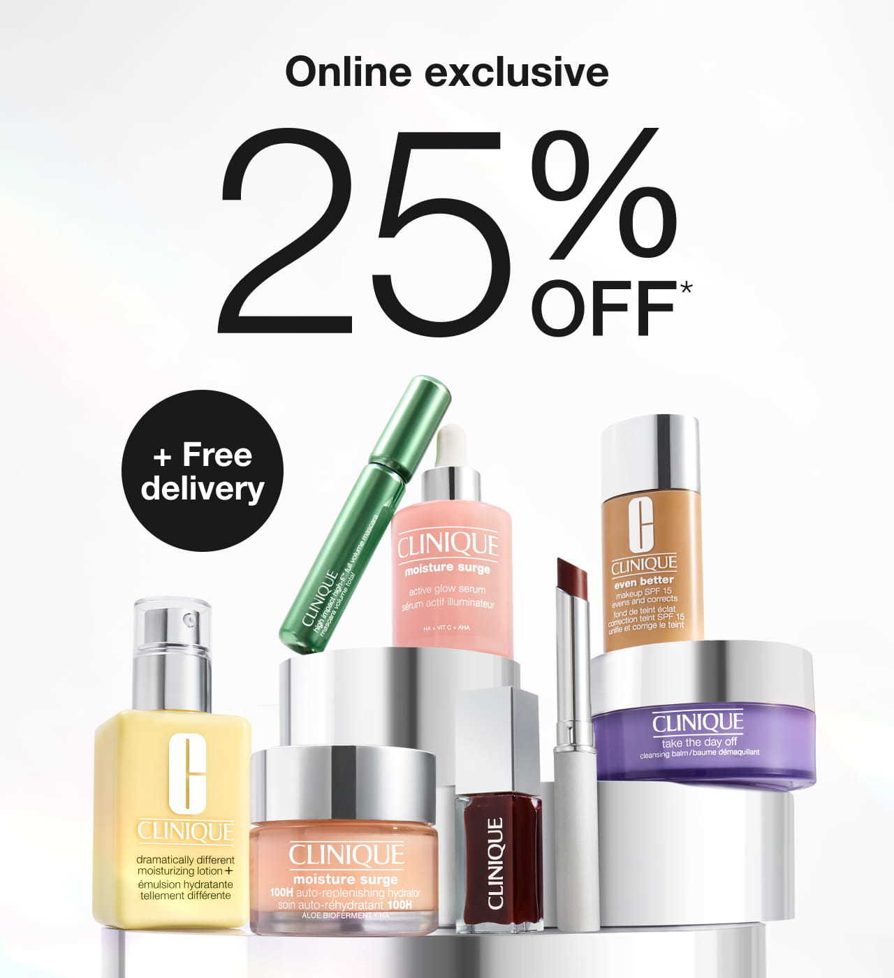 Selection of bestselling Clinique skincare and makeup products, on silver podiums in bright studio lighting