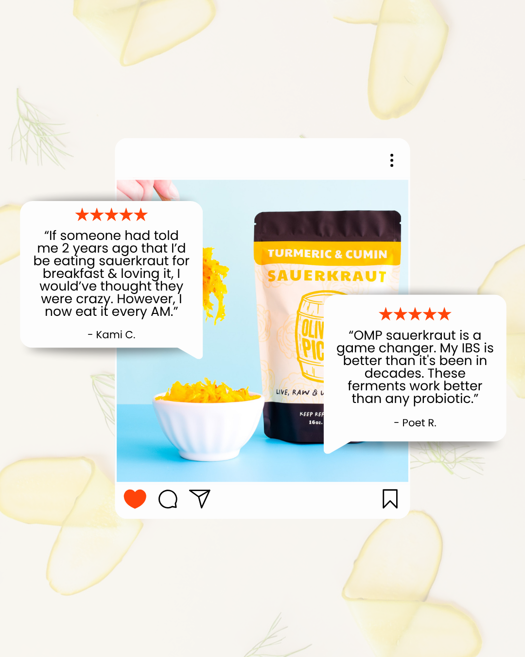 Instagram post showing a beige pouch of Olvin Pic Turmeric & Cumin Sauerkraut and a white bowl filled with sauerkraut on a light blue surface. Two white speech