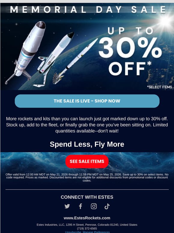 30% OFF select rockets and kits.