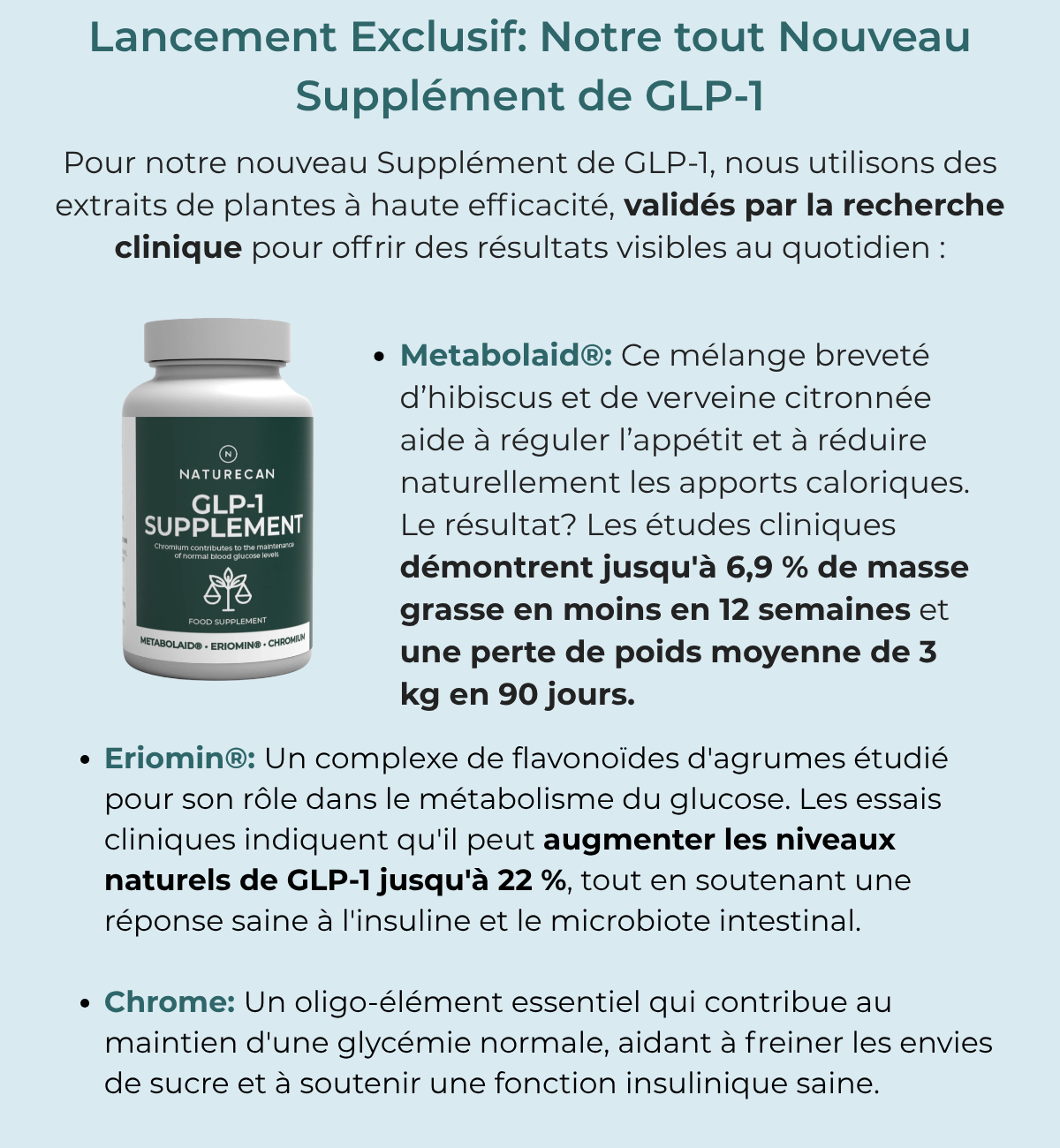New launch: plant-based, non-pharmaceutical GLP-1 Suppmlement. With Metabolaid, Eriomin and chromium