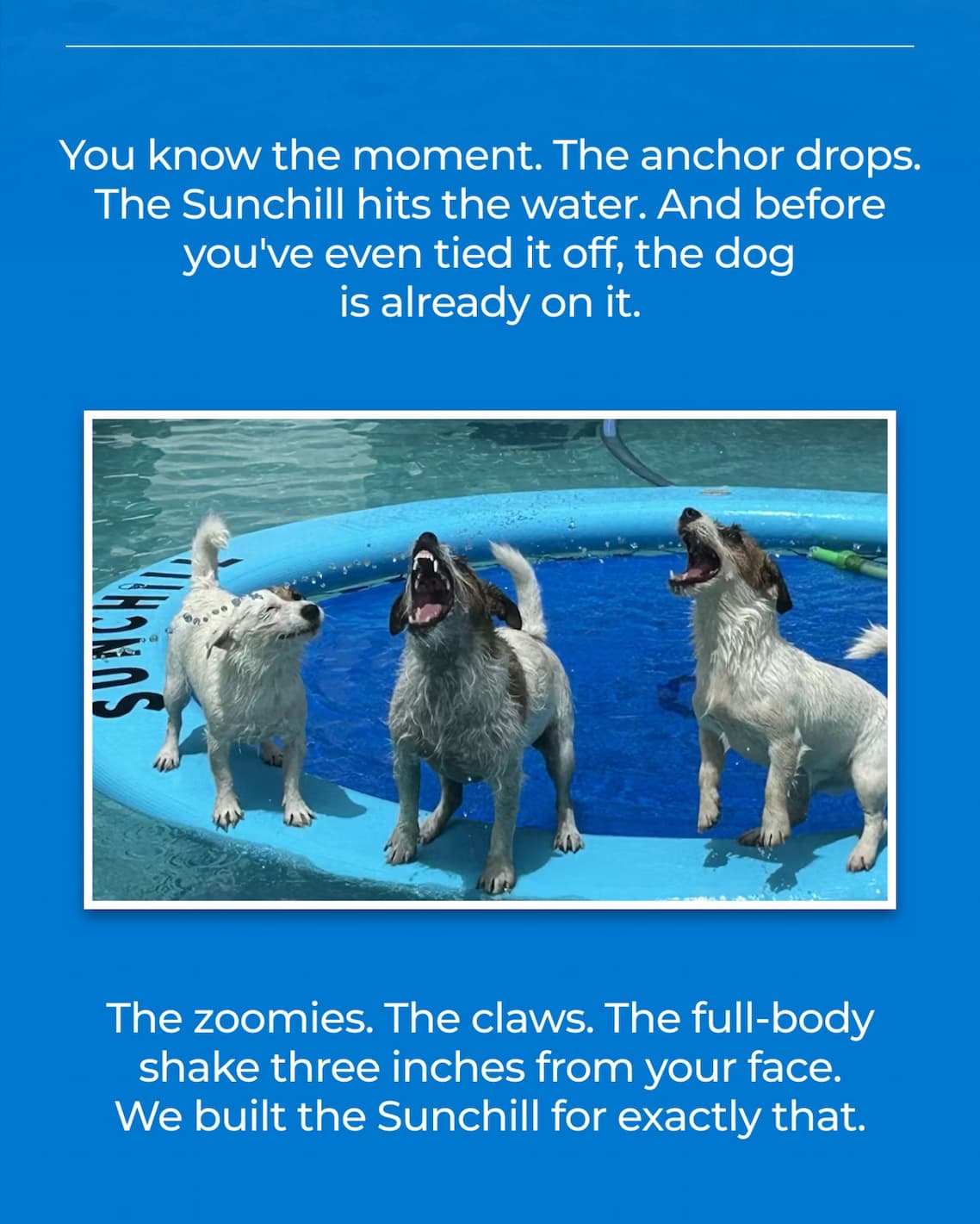 You know the moment. The anchor drops. The Sunchill hits the water. And before you've even tied it off, the dog is already on it. The zoomies. The claws. The full-body shake three inches from your face. We built the Sunchill for exactly that.