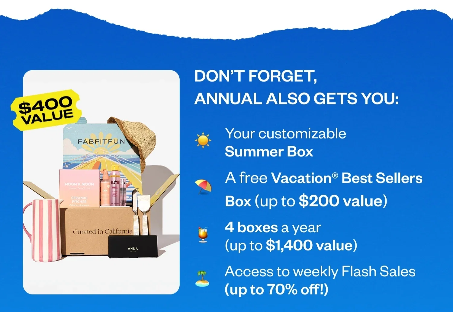 DON'T FORGET, ANNUAL ALSO GETS YOU: Your customizable Summer Box | A free Vacation® Best Sellers Box (up to $200 value) | 4 boxes a year (up to $1,400 value) | Access to weekly Flash Sales (up to 70% off!)